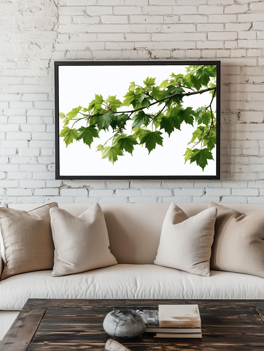 Green Maple Branch Botanical Print. room preview