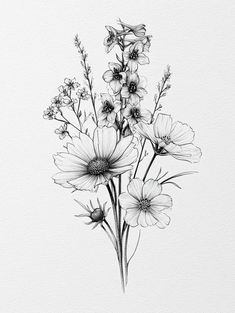Wildflower Bouquet Line Art Poster. poster — botanical art