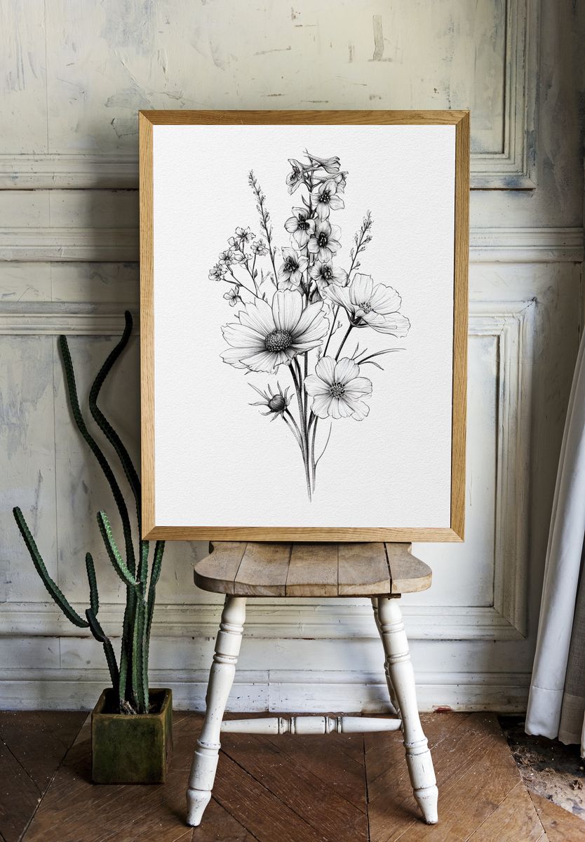 Wildflower Bouquet Line Art Poster. room preview