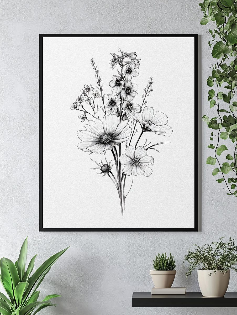 Wildflower Bouquet Line Art Poster. — room view 4