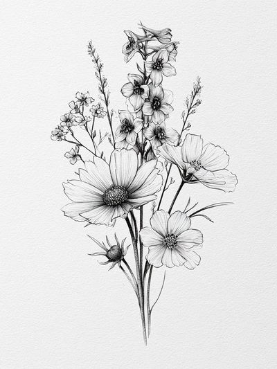 Wildflower Bouquet Line Art Poster.