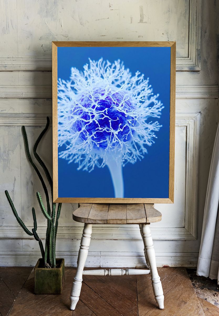 Blue Coral Bloom Botanical Print. room preview