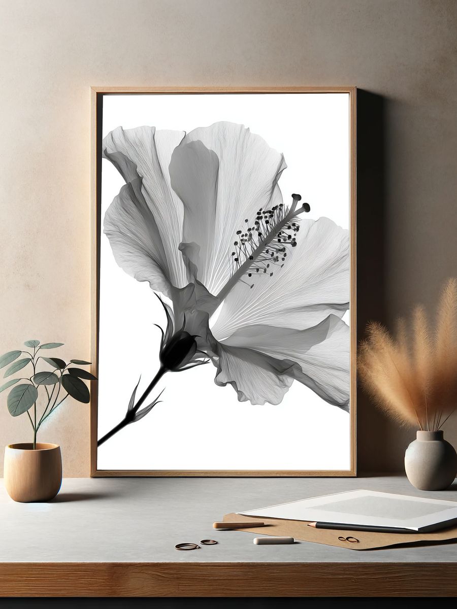 Hibiscus Bloom Black-White Print. — room view 2