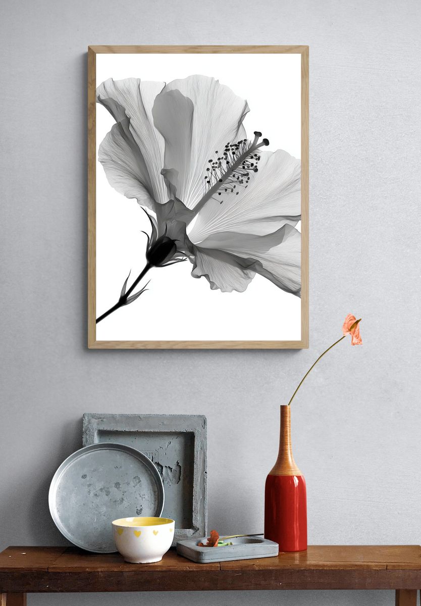 Hibiscus Bloom Black-White Print. — room view 3