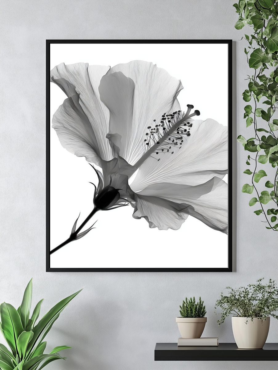 Hibiscus Bloom Black-White Print. — room view 4