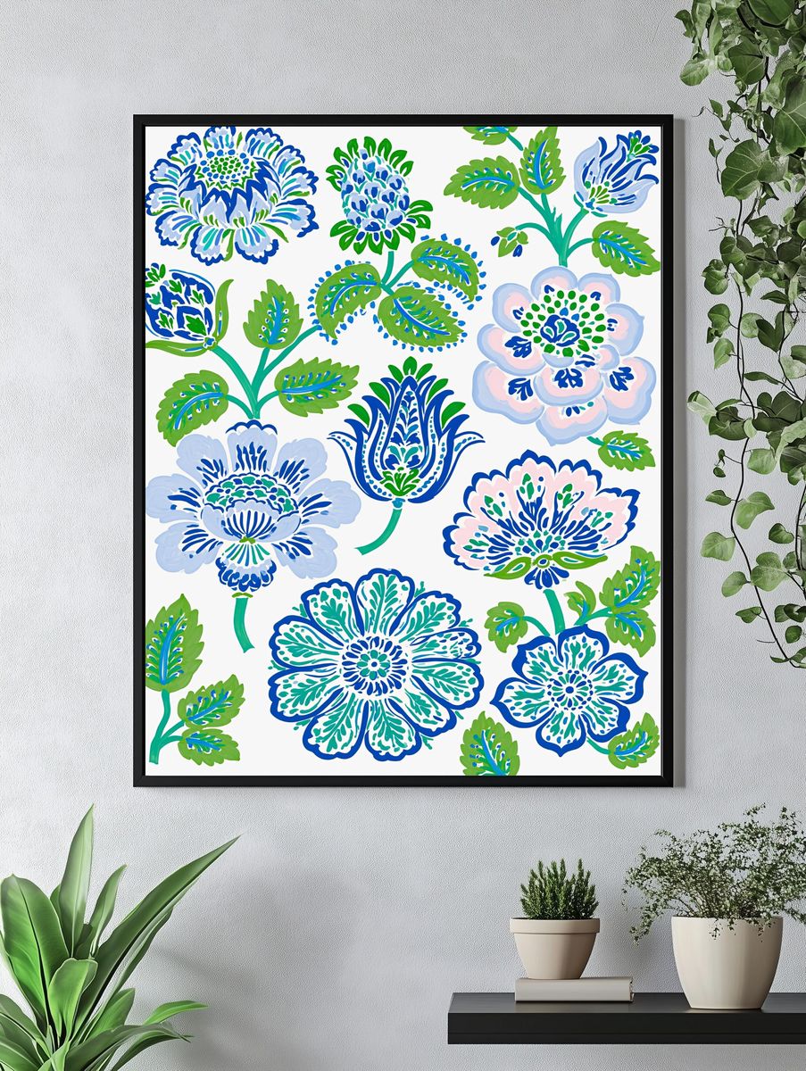 Blue Floral Pattern Poster. — room view 4