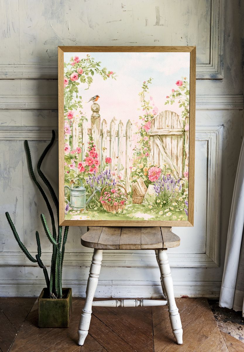Pastel Cottage Garden Watercolor Poster. room preview