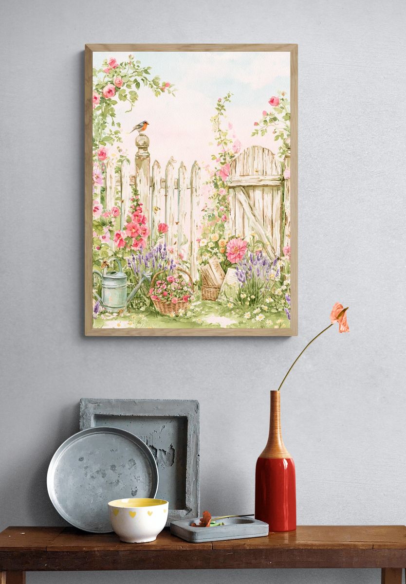 Pastel Cottage Garden Watercolor Poster. — room view 3