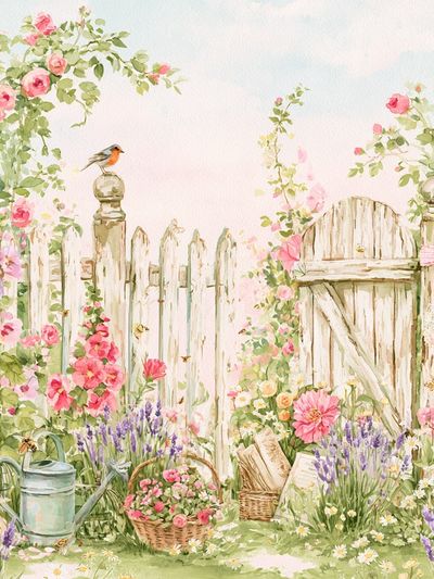 Pastel Cottage Garden Watercolor Poster.