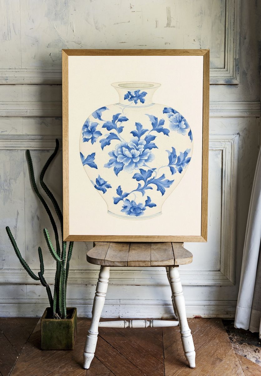 Blue Floral Vase Botanical Print. — room view 1