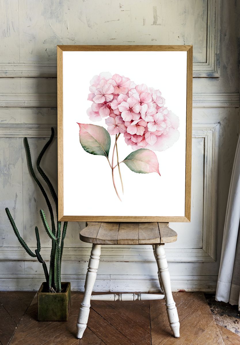 Pink Hydrangea Watercolor Print. — room view 1