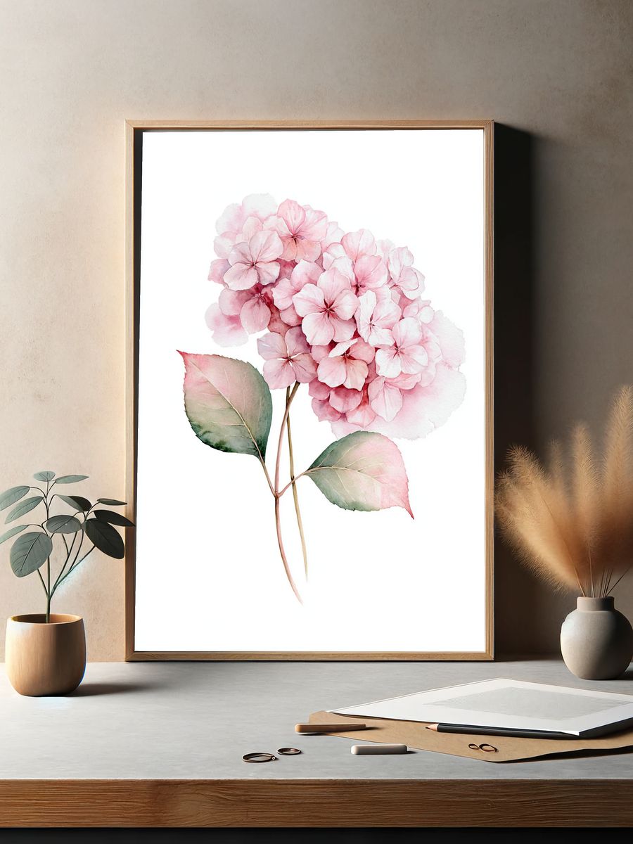 Pink Hydrangea Watercolor Print. — room view 2