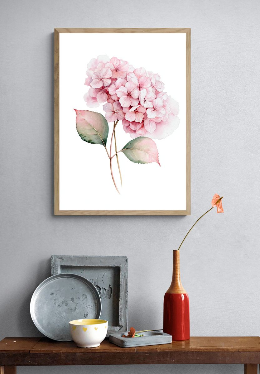 Pink Hydrangea Watercolor Print. — room view 3