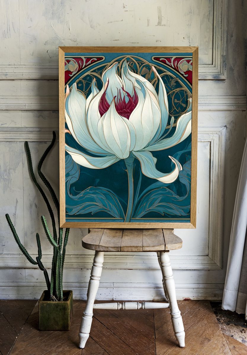Art Nouveau Lotus Bloom Print. — room view 1