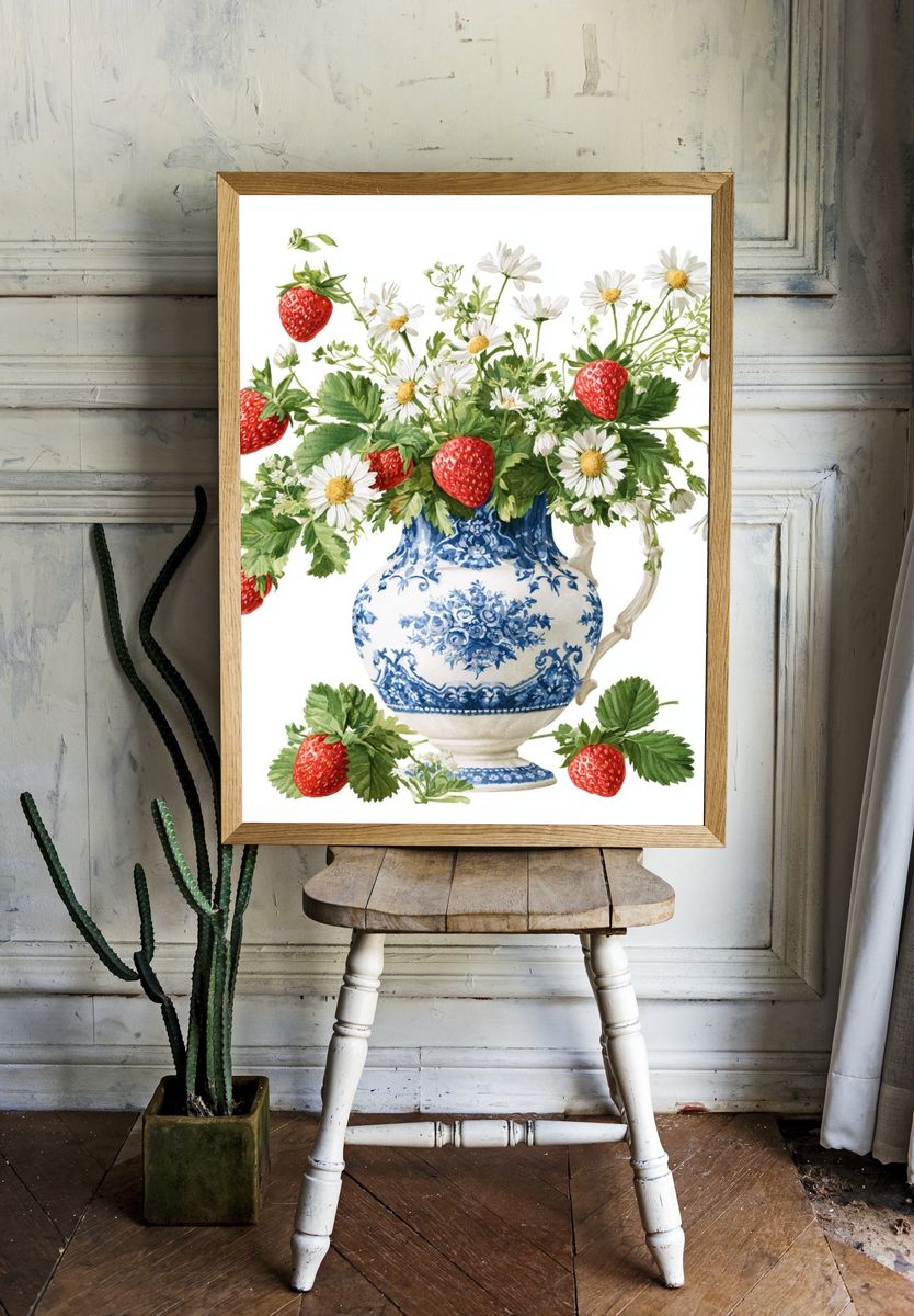 Strawberry Bouquet Watercolor Print. room preview
