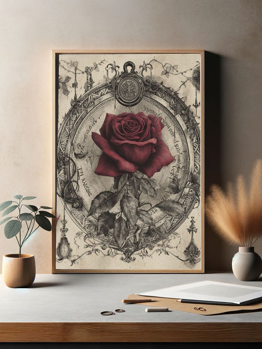 Crimson Rose Vintage Print. — room view 2