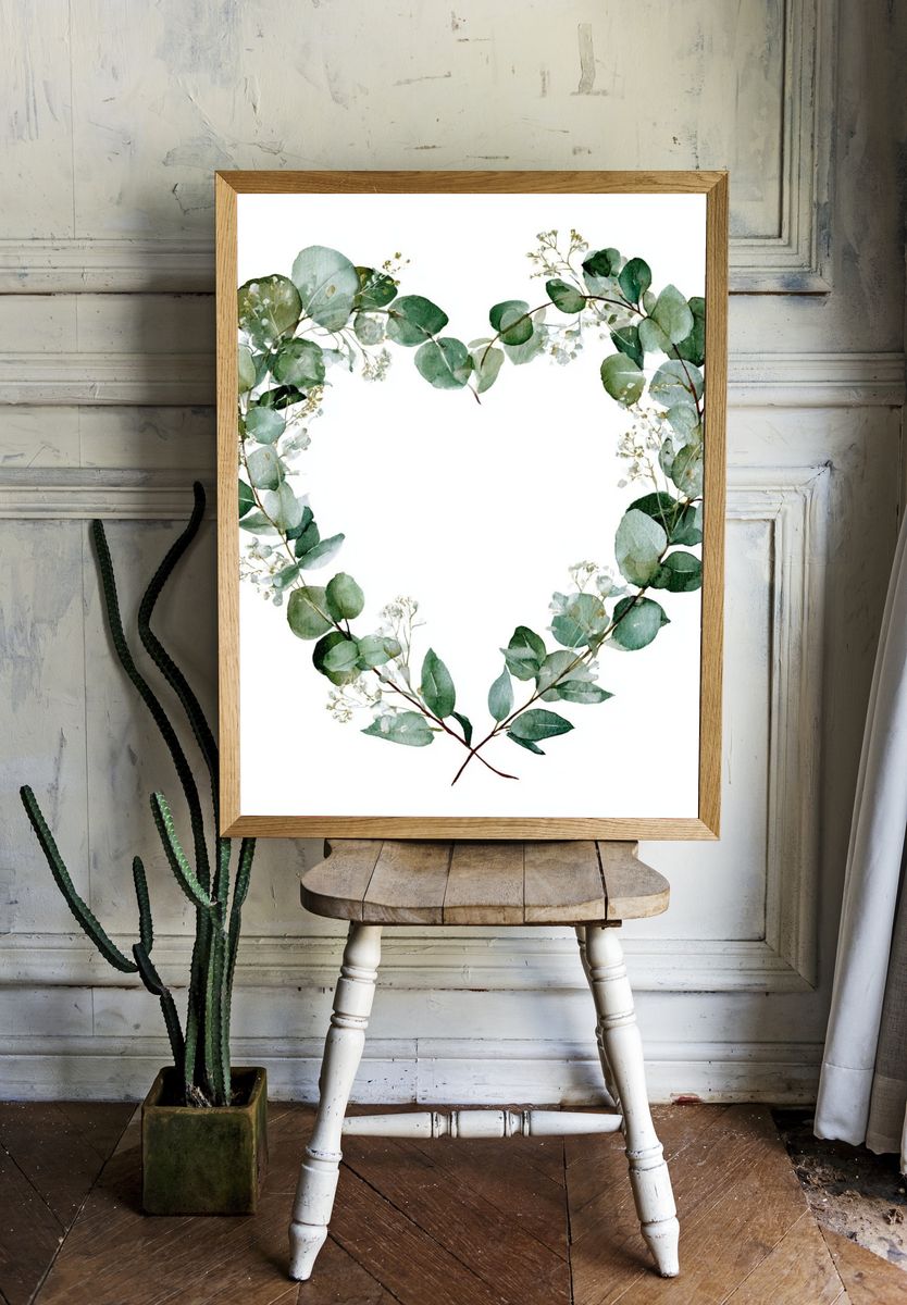 Eucalyptus Heart Wreath Print. room preview