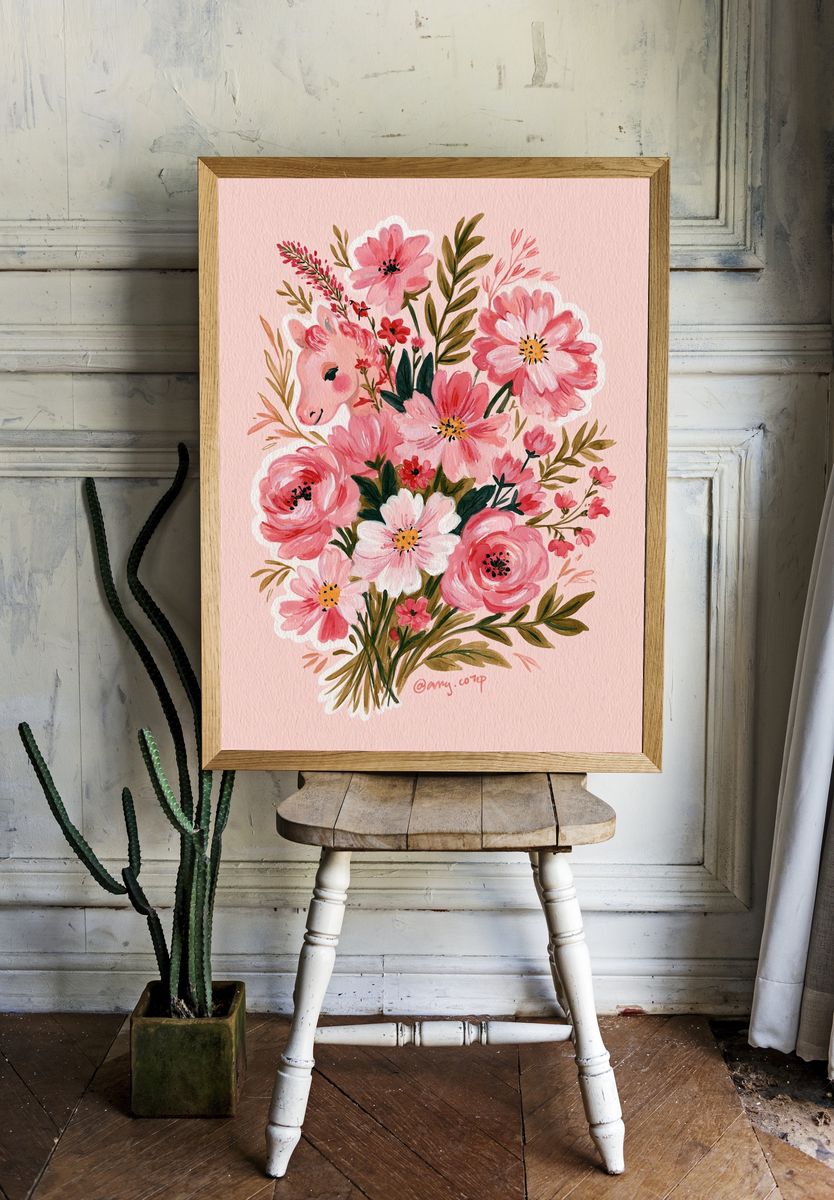 Pink Floral Watercolor Bouquet Print. room preview