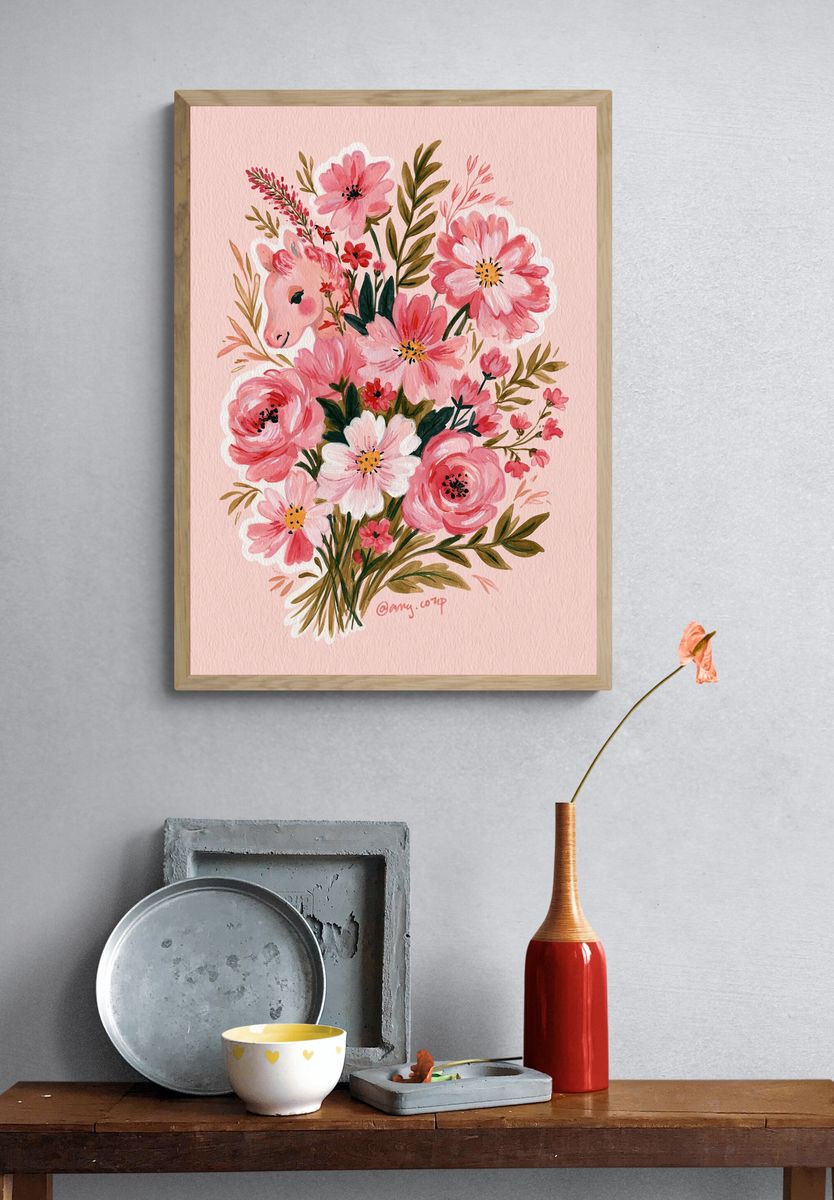 Pink Floral Watercolor Bouquet Print. — room view 3