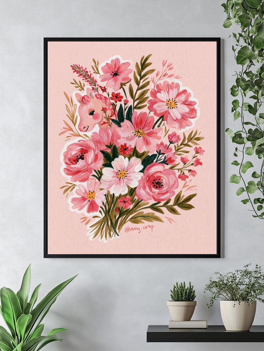 Pink Floral Watercolor Bouquet Print. — room view 4
