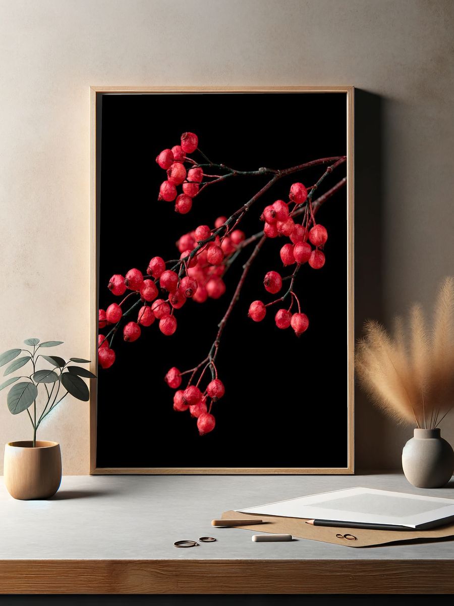 Red Berry Branch Botanical Print. — room view 2