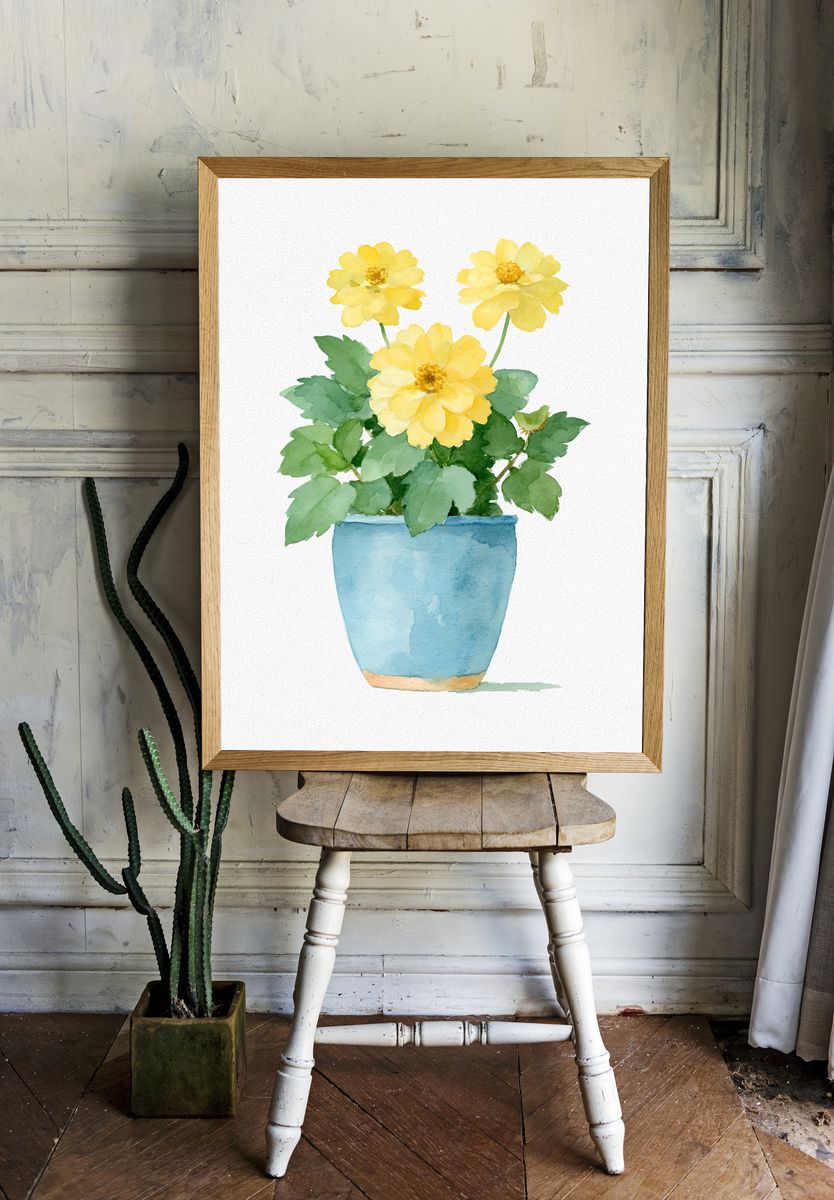 Yellow Flowers in Blue Pot Print. room preview