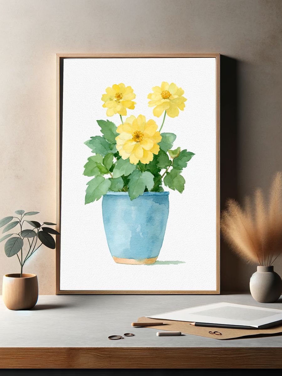 Yellow Flowers in Blue Pot Print. — room view 2