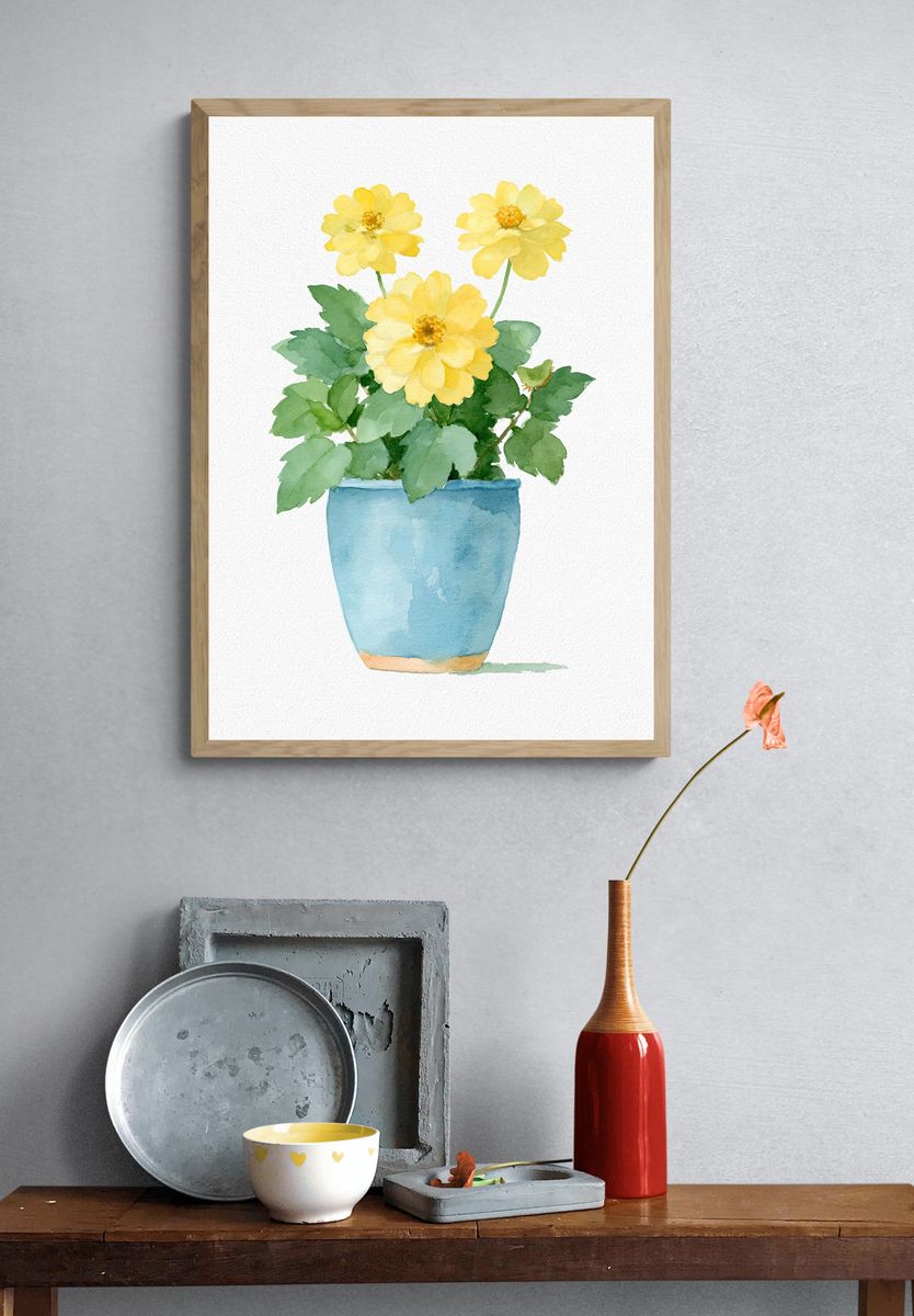 Yellow Flowers in Blue Pot Print. — room view 3