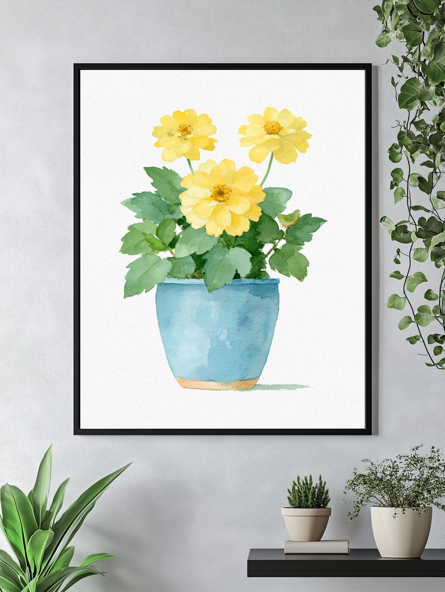 Yellow Flowers in Blue Pot Print. — room view 4