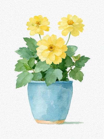 Yellow Flowers in Blue Pot Print.
