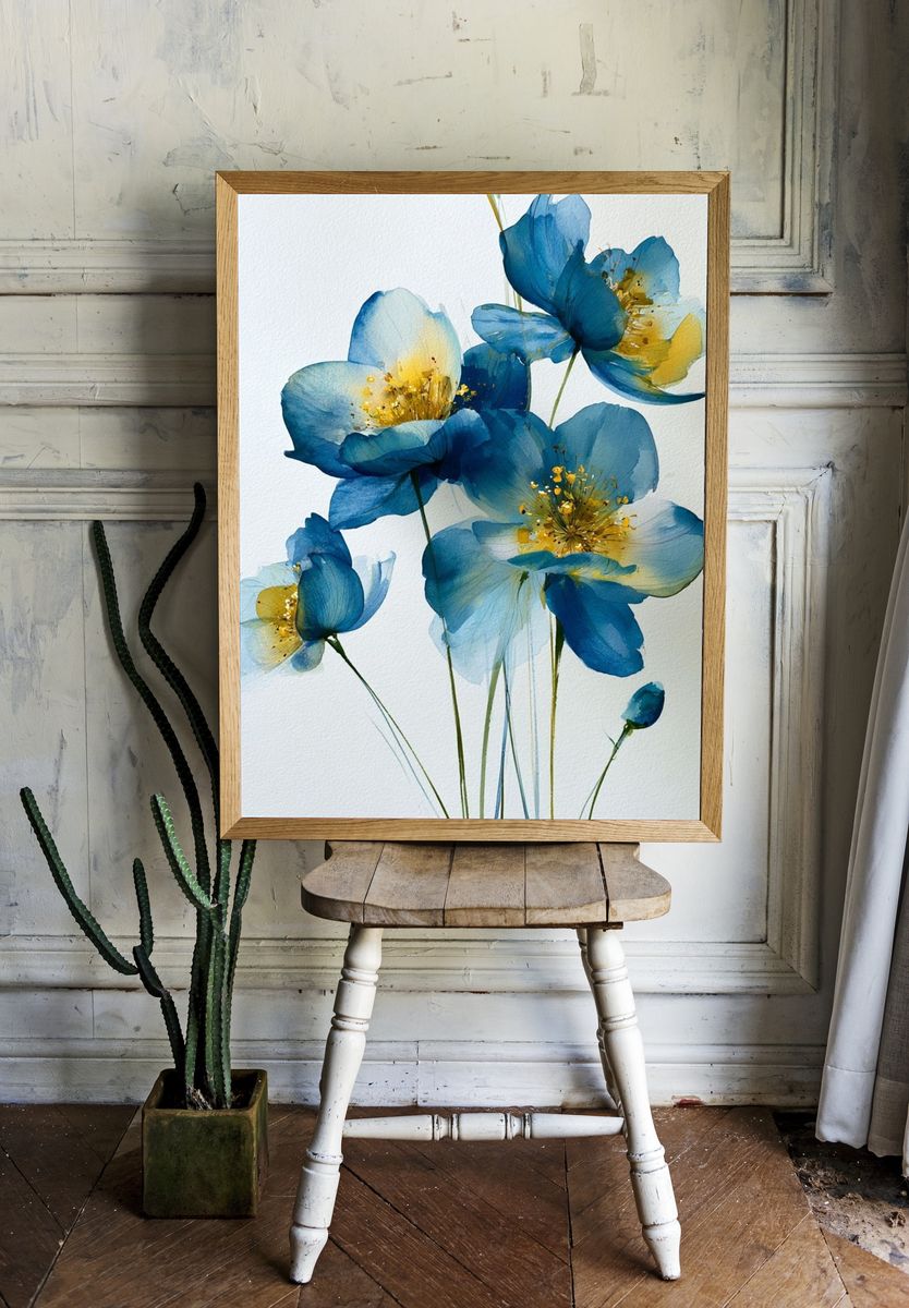 Blue Floral Watercolor Poster. — room view 1