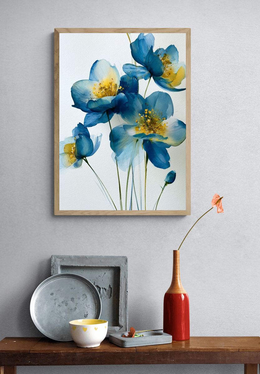 Blue Floral Watercolor Poster. — room view 3