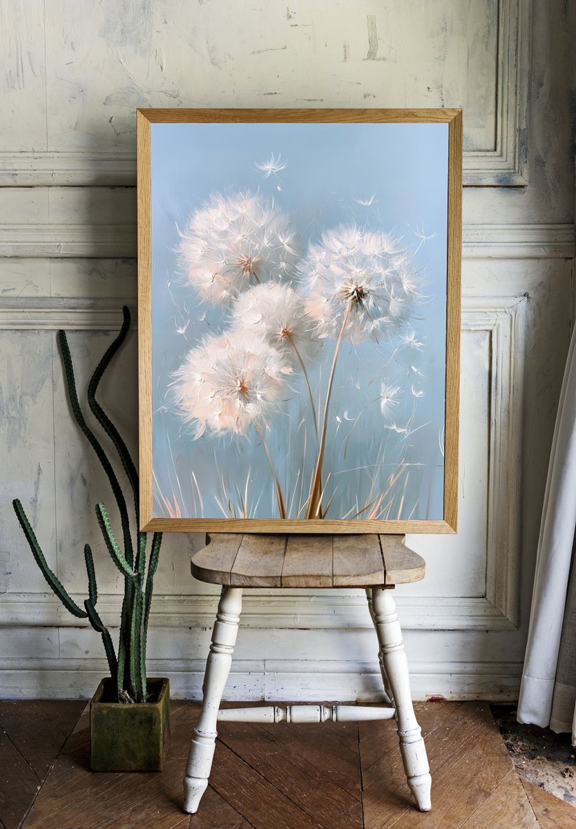 Dandelion Drift Botanical Print. room preview