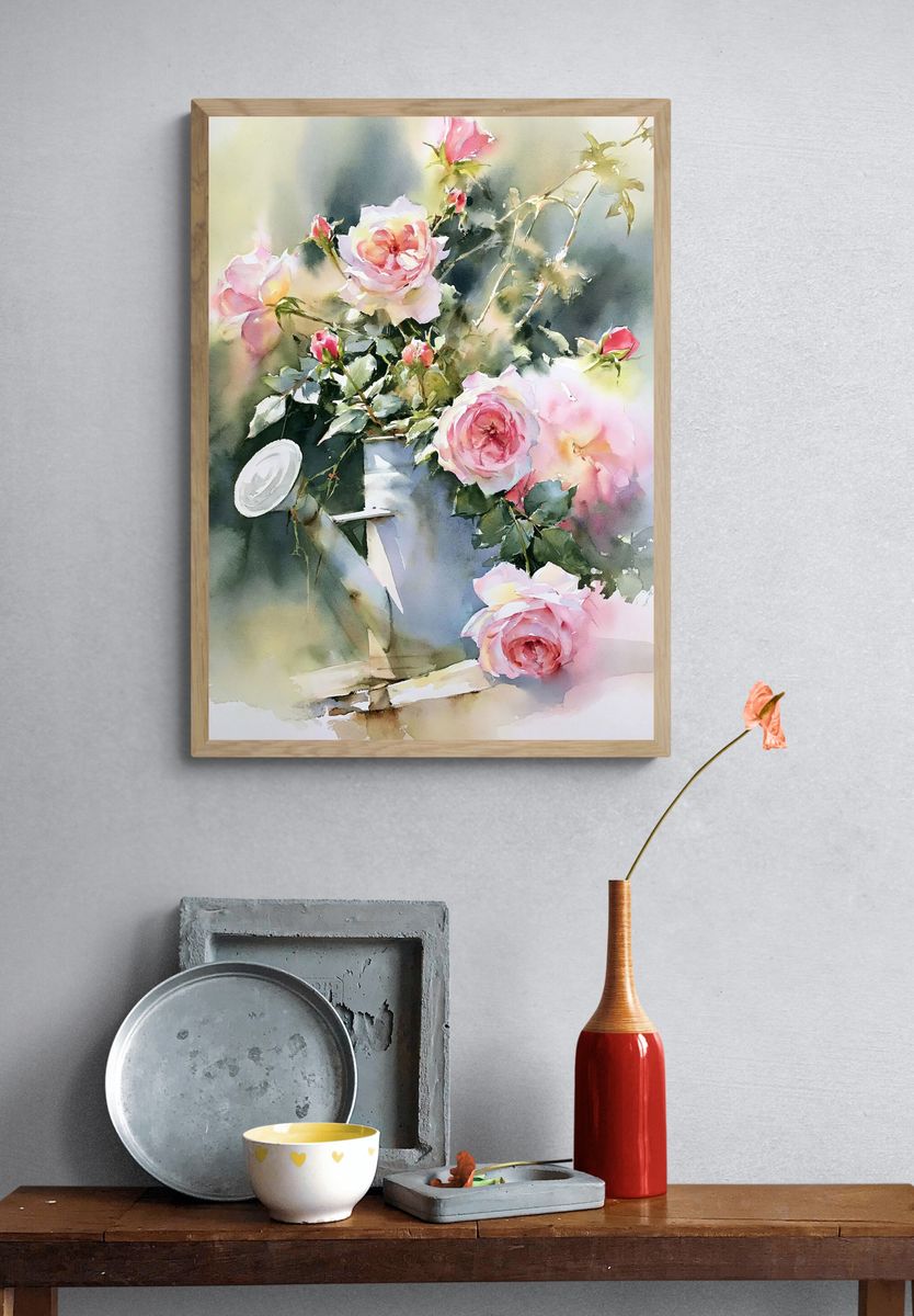 Pink Roses Watercolor Print. — room view 3