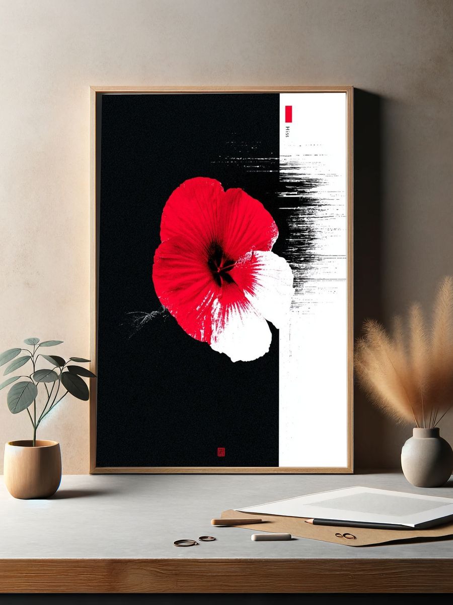Red Hibiscus Ink Poster. — room view 2