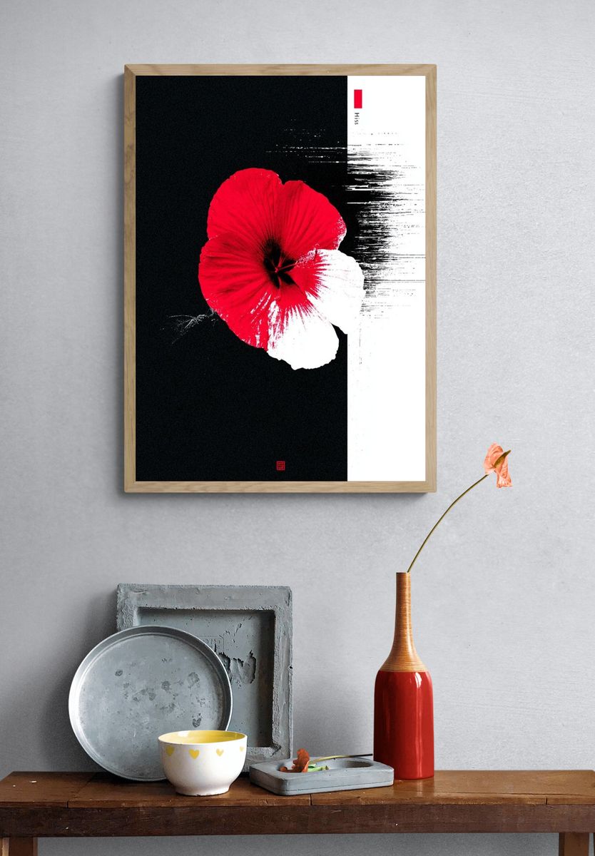 Red Hibiscus Ink Poster. — room view 3