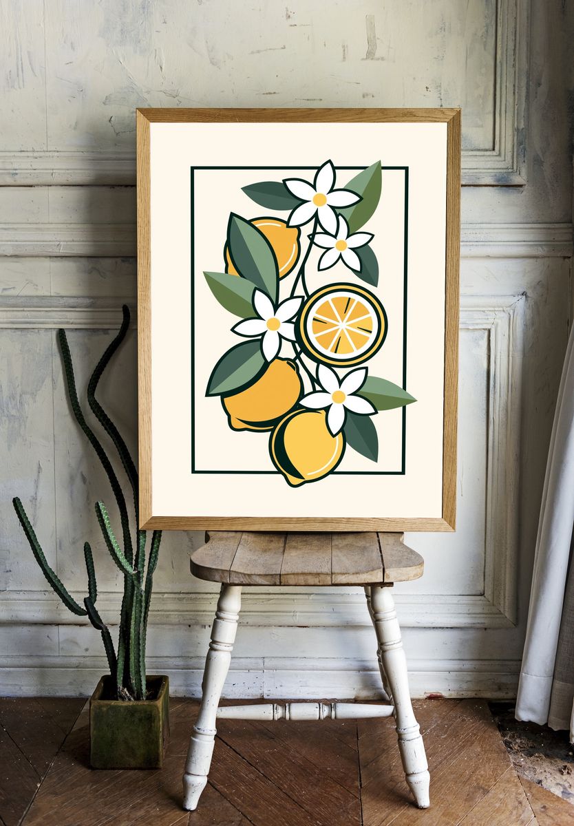 Lemon Blossom Botanical Print. room preview
