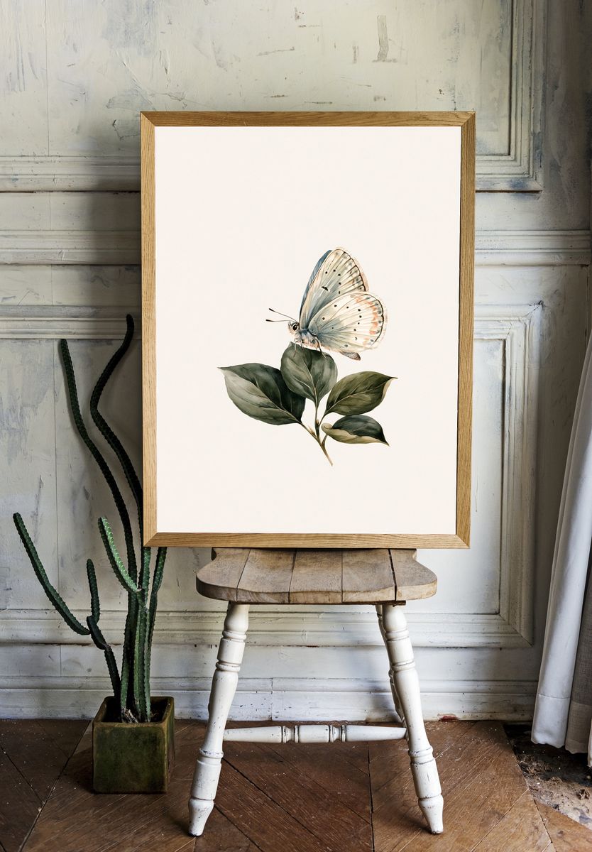 Butterfly on Leaves Watercolor Print. room preview