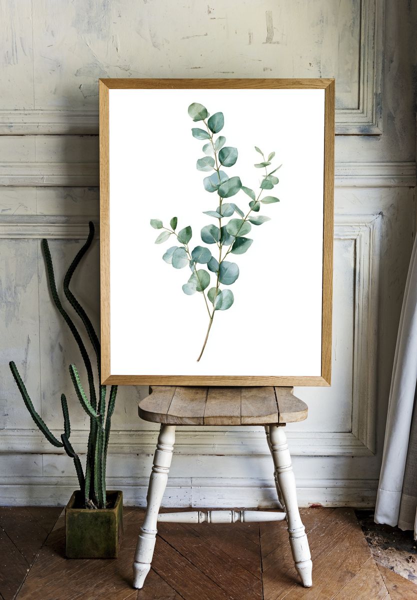 Eucalyptus Branch Watercolor Print. room preview