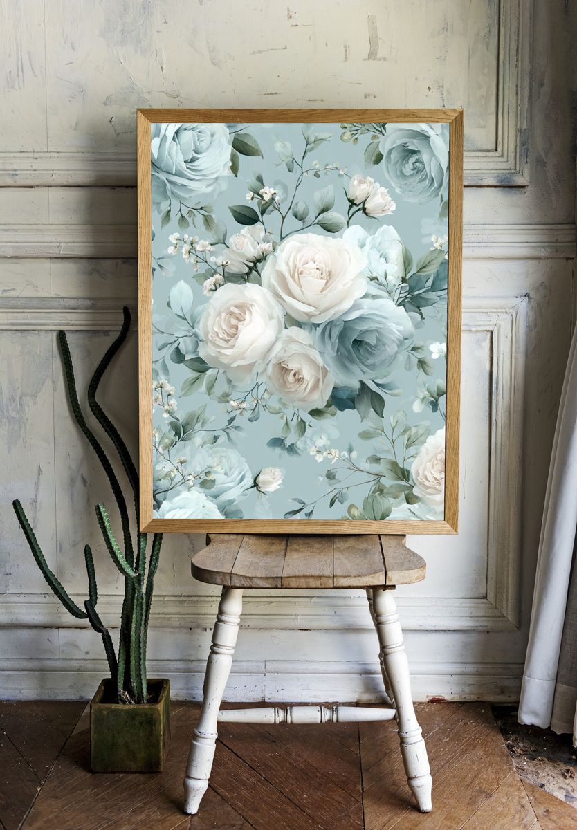Blue Rose Floral Pattern Print. — room view 1