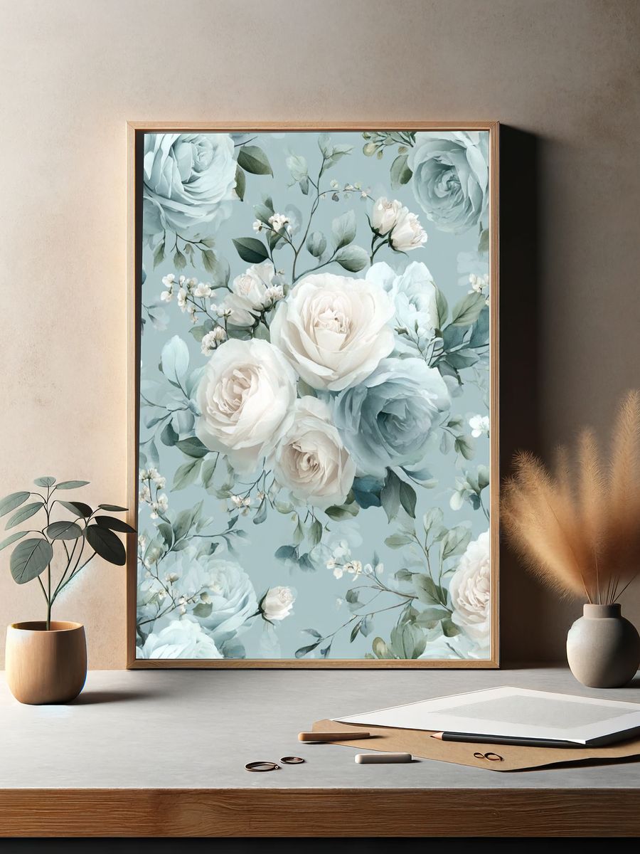 Blue Rose Floral Pattern Print. — room view 2