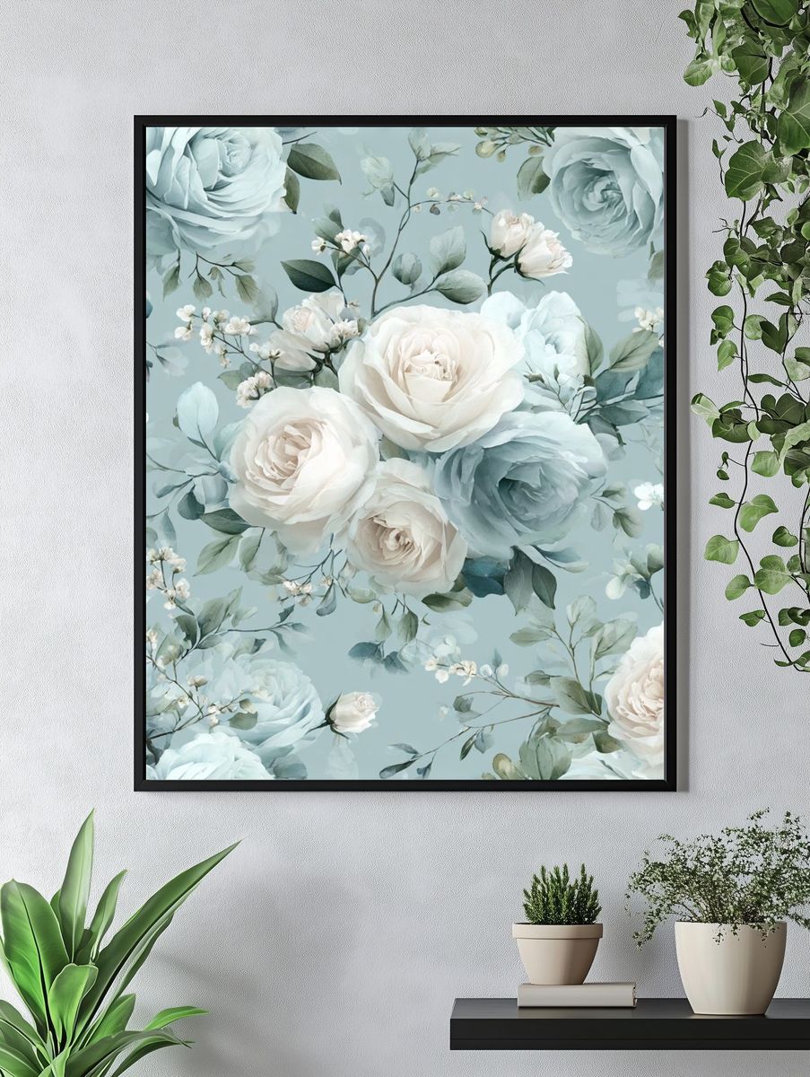 Blue Rose Floral Pattern Print. — room view 4