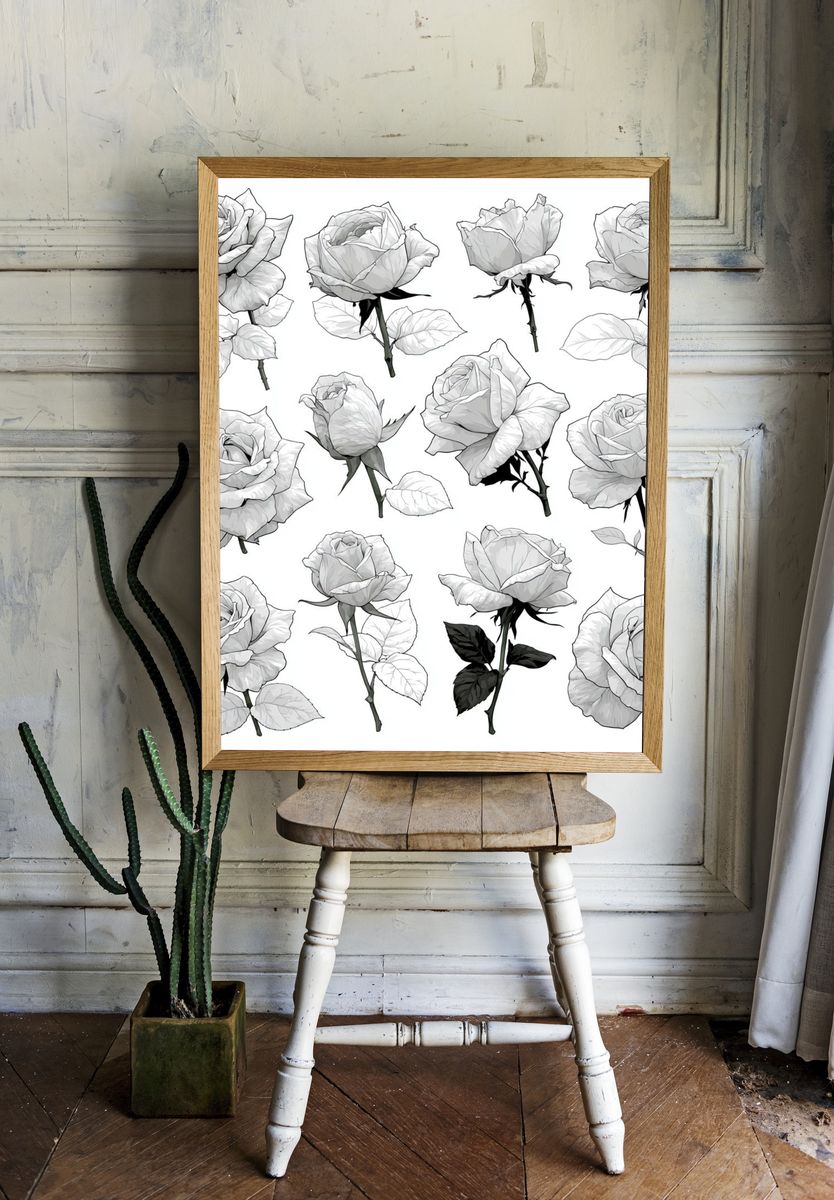 White Roses Botanical Print. room preview