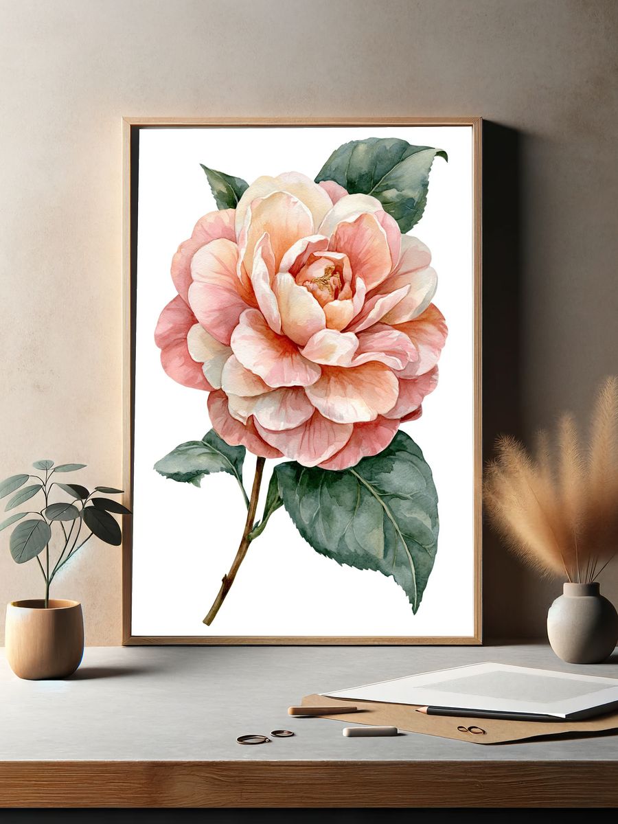 Pink Camellia Watercolor Poster. — room view 2
