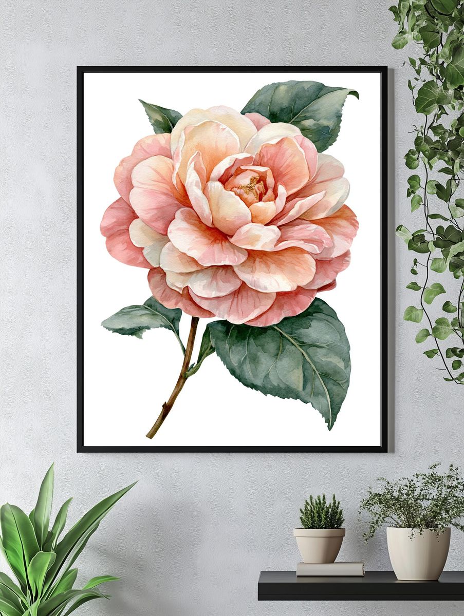 Pink Camellia Watercolor Poster. — room view 4