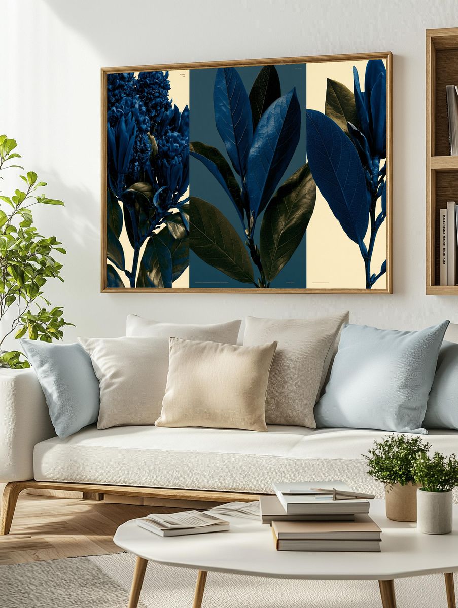 Blue Botanical Leaves Poster. — room view 2