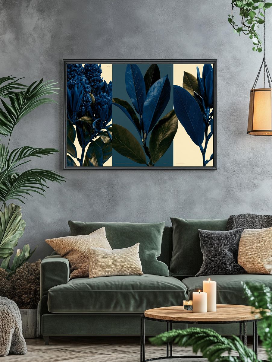 Blue Botanical Leaves Poster. — room view 4