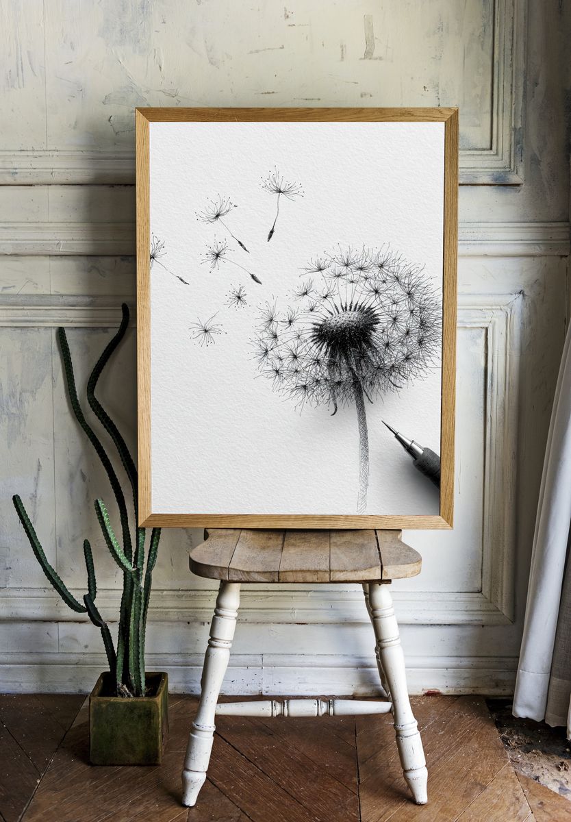Dandelion Sketch Minimalist Print. room preview