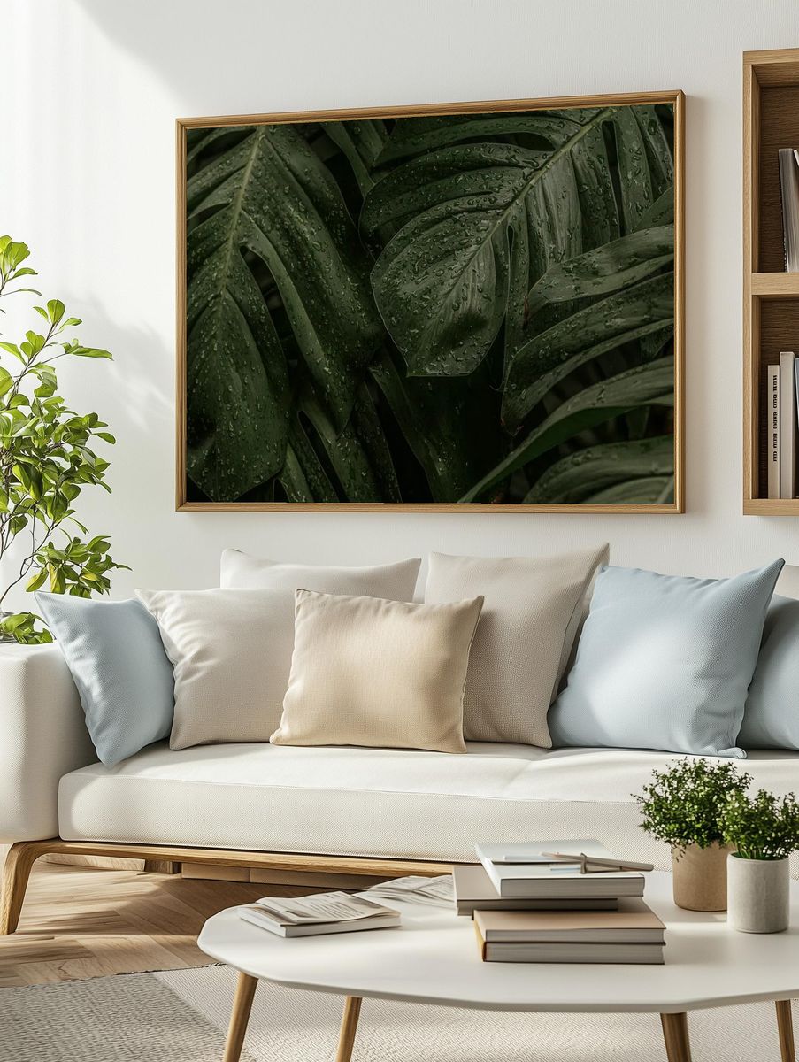 Wet Monstera deliciosa plant leaves. — room view 2