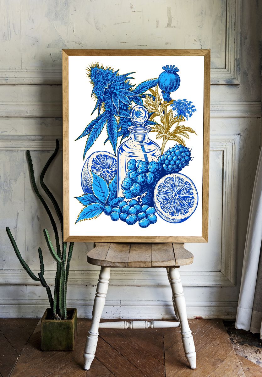Blue Botanical Still Life Poster. — room view 1